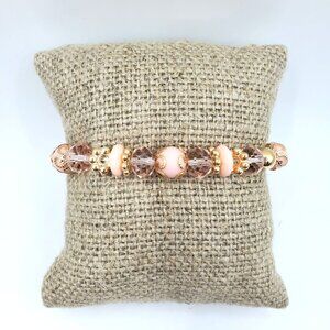 Pink & Gold Color Beaded Stretch Bracelet With Marbled Accents - 6.5 Inches